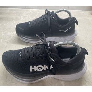 Hoka One One Womens BONDI 8 Black White Running Sneakers Sz 7.5B